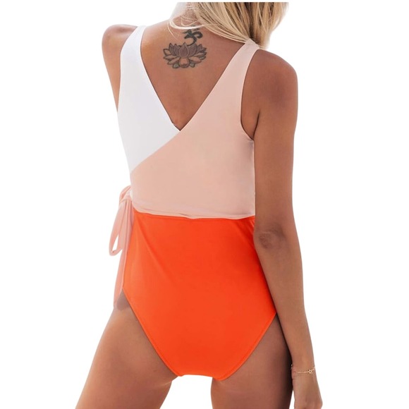 Cupshe-Colorblock One Piece Swimsuit White‎ Orange Pink Tie Bathing Suit - Picture 2 of 4